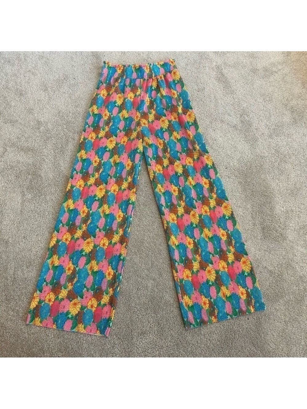 Zara multicoloured floral flower accordion pleated wide leg high waisted pants S